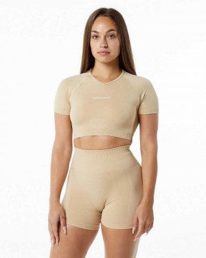 Camisa Manga Corta Alphalete Amplify V-Neck Crop Mujer Marrom | Mexico-578629