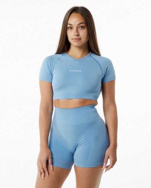 Camisa Manga Corta Alphalete Amplify V-Neck Crop Mujer Azules | Mexico-437092