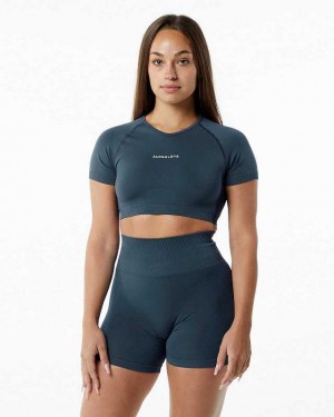 Camisa Manga Corta Alphalete Amplify V-Neck Crop Mujer Azules | Mexico-358429