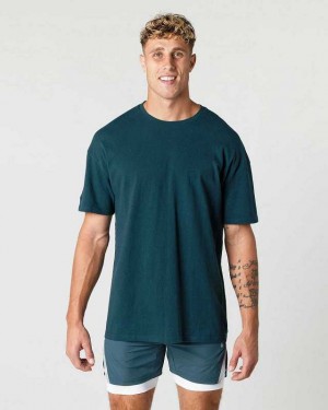 Camisa Manga Corta Alphalete Heavy Algodon Core Hombre Azules | Mexico-720698