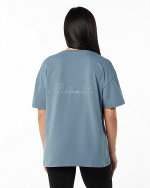 Camisa Manga Corta Alphalete Signature Oversized Mujer Azules | Mexico-269741