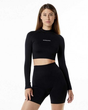 Camisa Manga Larga Alphalete Ozone High Neck LS Crop Mujer Negros | Mexico-491508