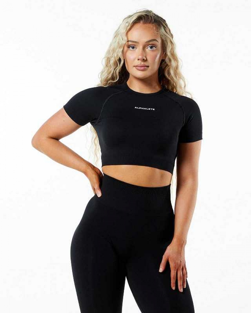 Camisa Manga Corta Alphalete Amplify SS Crop Mujer Negros | Mexico-689017