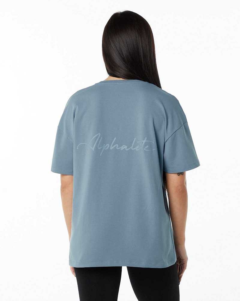 Camisa Manga Corta Alphalete Signature Oversized Mujer Azules | Mexico-269741