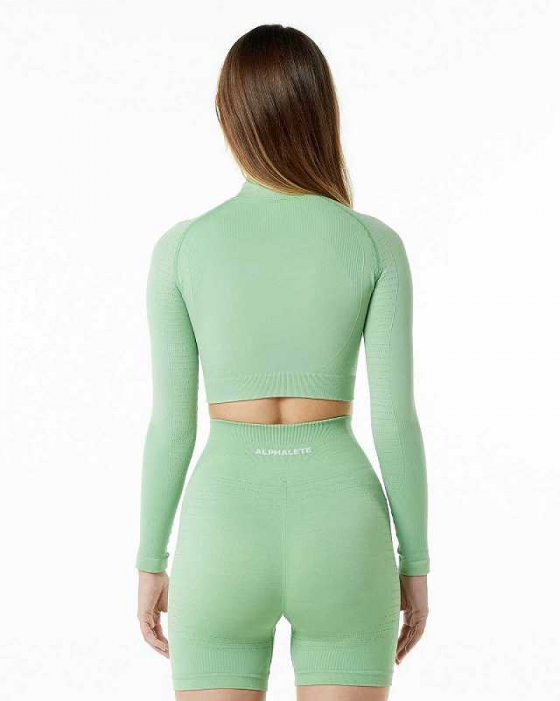 Camisa Manga Larga Alphalete Ozone High Neck LS Crop Mujer Verdes | Mexico-507932