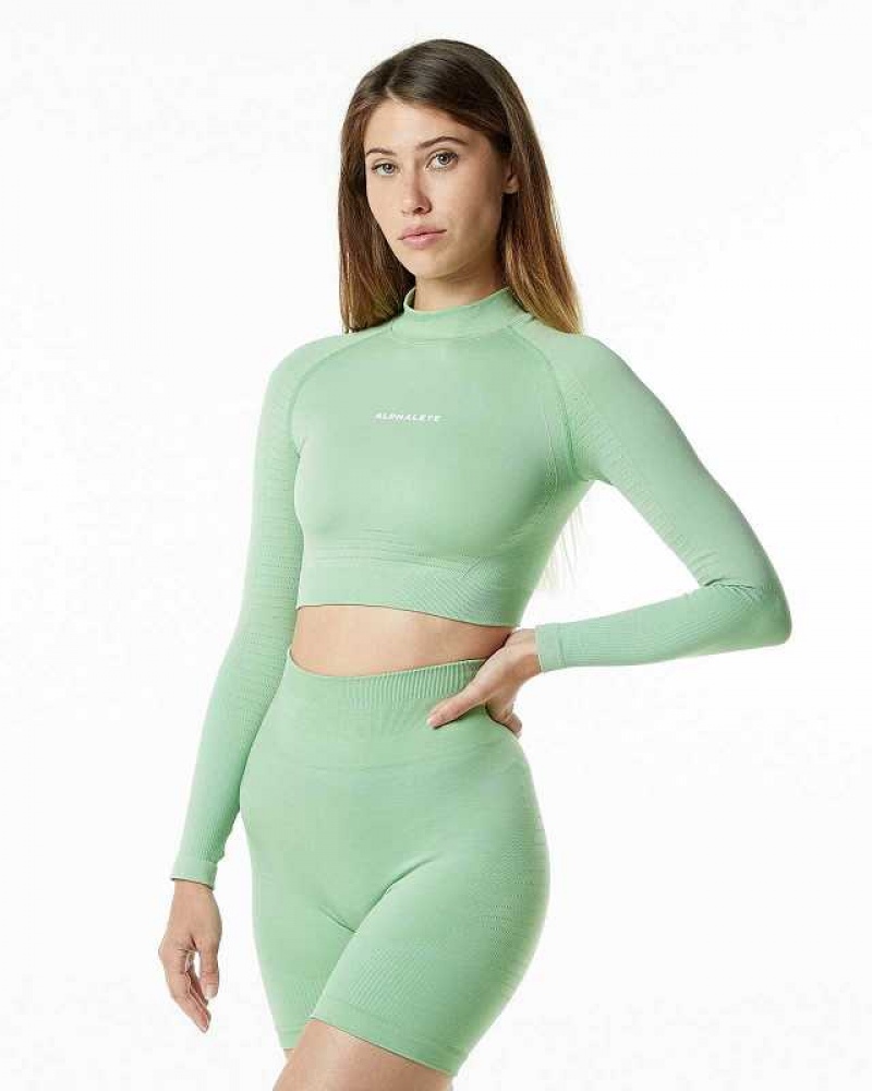 Camisa Manga Larga Alphalete Ozone High Neck LS Crop Mujer Verdes | Mexico-507932