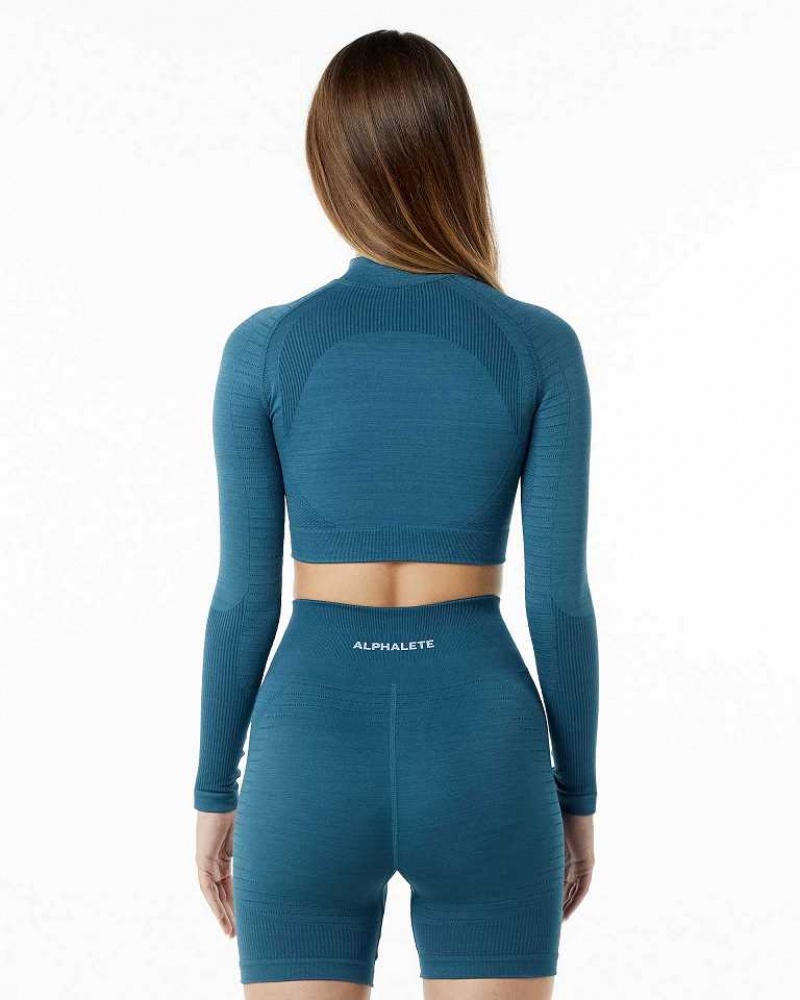 Camisa Manga Larga Alphalete Ozone High Neck LS Crop Mujer Azules | Mexico-459312