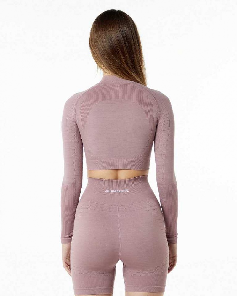 Camisa Manga Larga Alphalete Ozone High Neck LS Crop Mujer Rosas | Mexico-428316