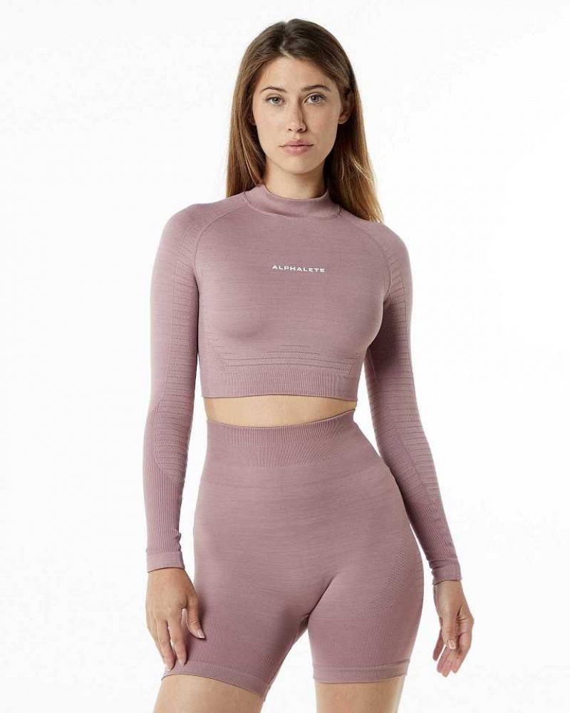 Camisa Manga Larga Alphalete Ozone High Neck LS Crop Mujer Rosas | Mexico-428316