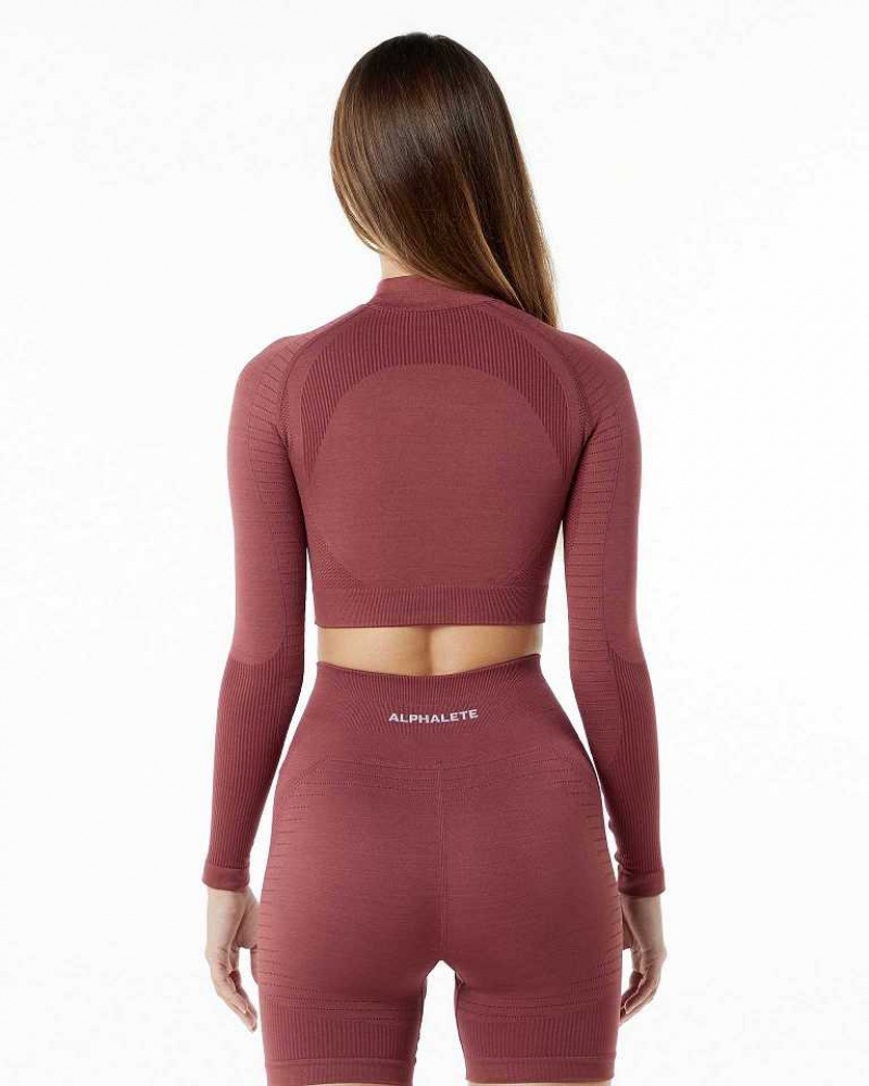 Camisa Manga Larga Alphalete Ozone High Neck LS Crop Mujer Rojos | Mexico-350471