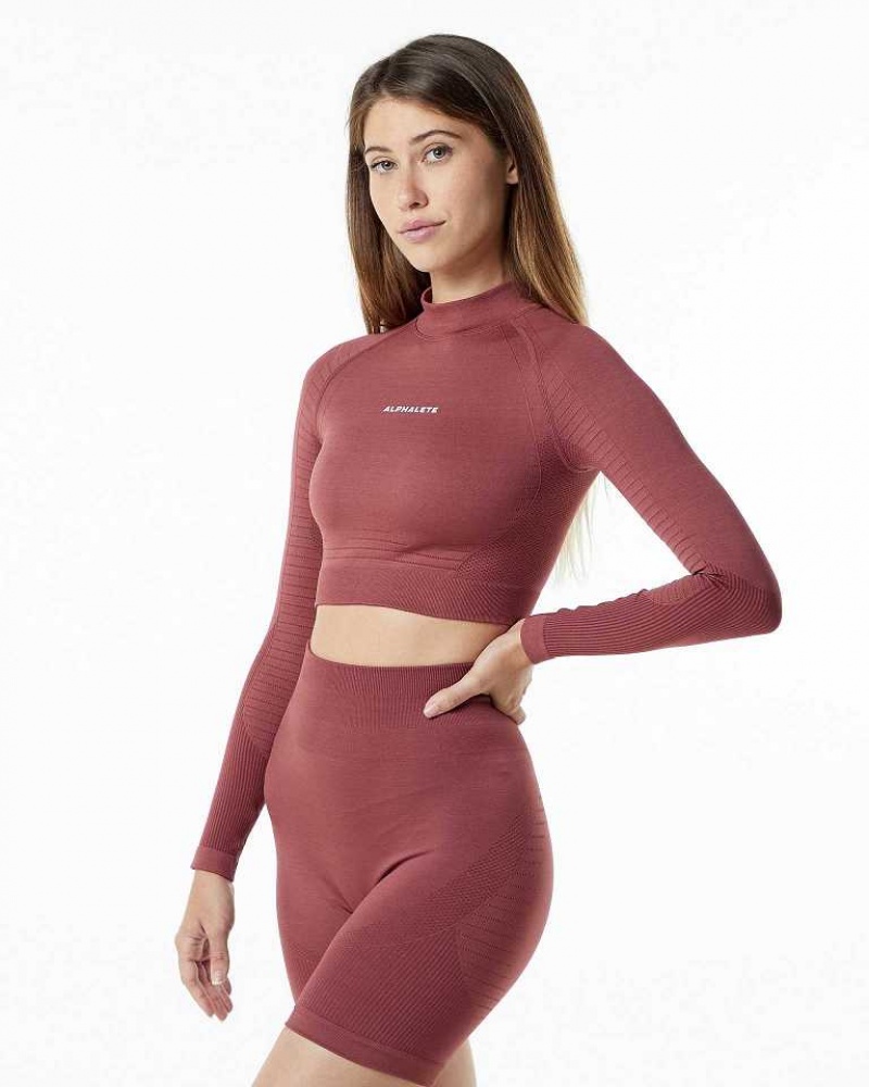 Camisa Manga Larga Alphalete Ozone High Neck LS Crop Mujer Rojos | Mexico-350471