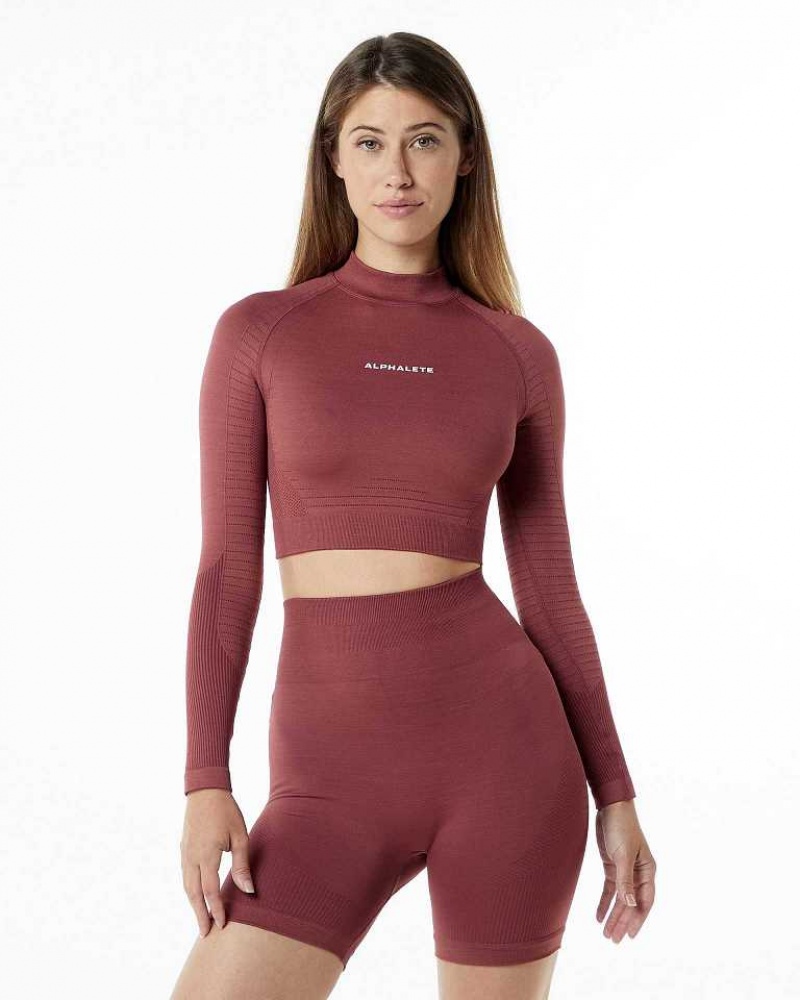 Camisa Manga Larga Alphalete Ozone High Neck LS Crop Mujer Rojos | Mexico-350471