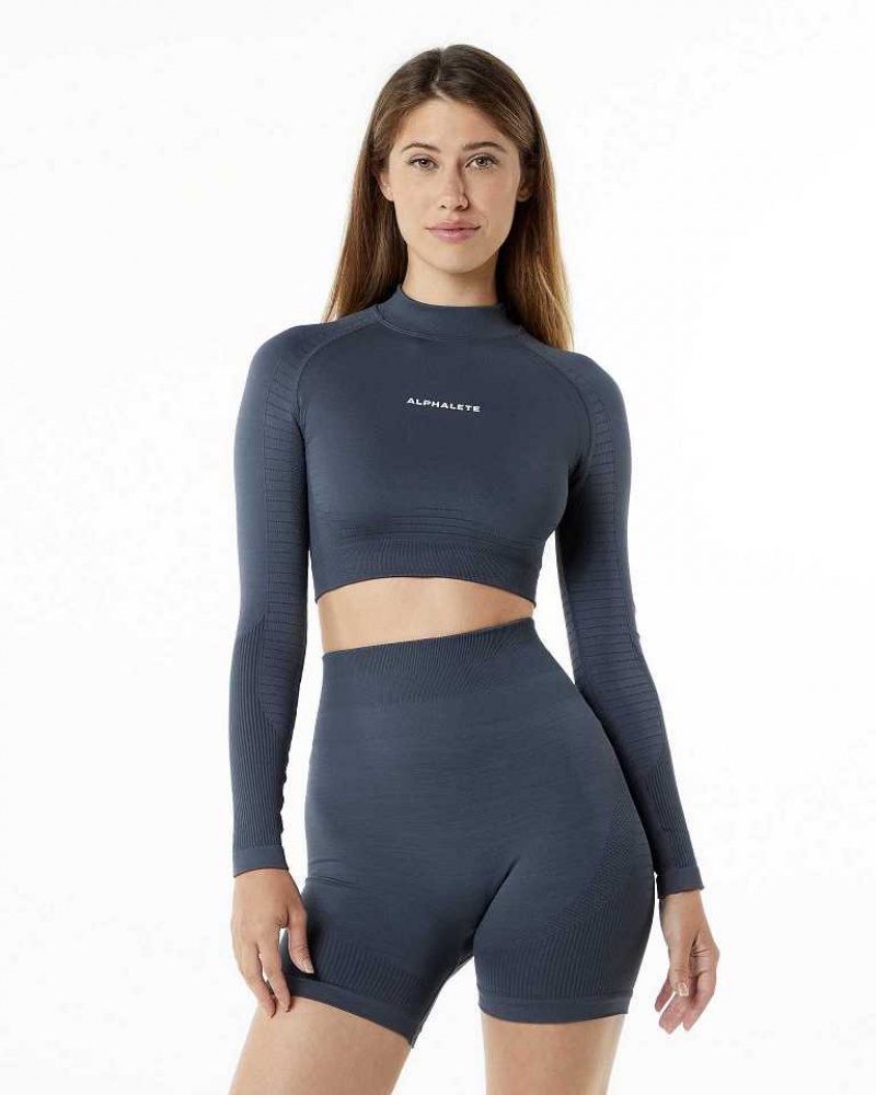 Camisa Manga Larga Alphalete Ozone High Neck LS Crop Mujer Grises | Mexico-140853