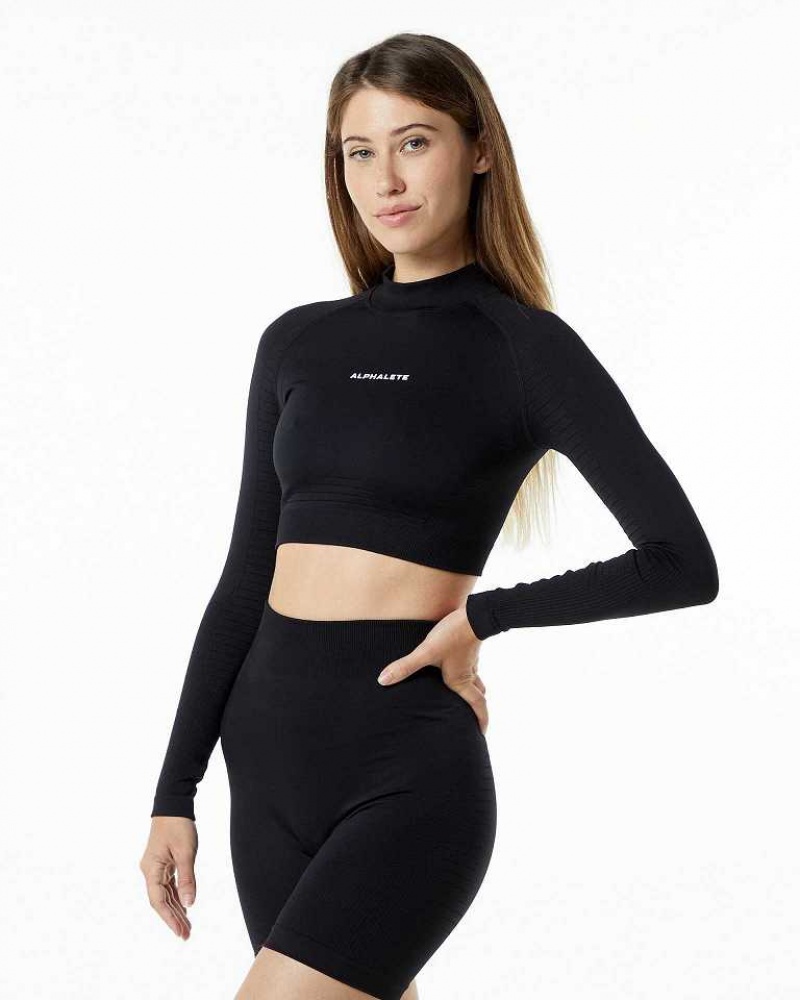 Camisa Manga Larga Alphalete Ozone High Neck LS Crop Mujer Negros | Mexico-491508