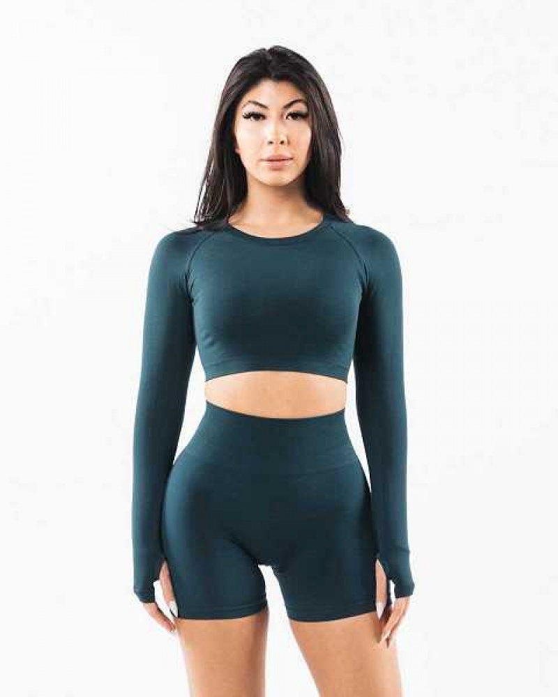 Camisa Manga Larga Alphalete Stratus LS Crop Mujer Azules | Mexico-974681